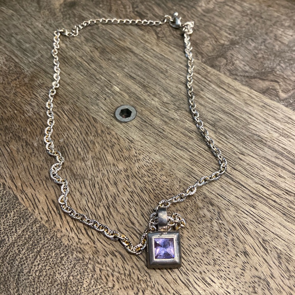 Rhodium chain, real stone pendant
